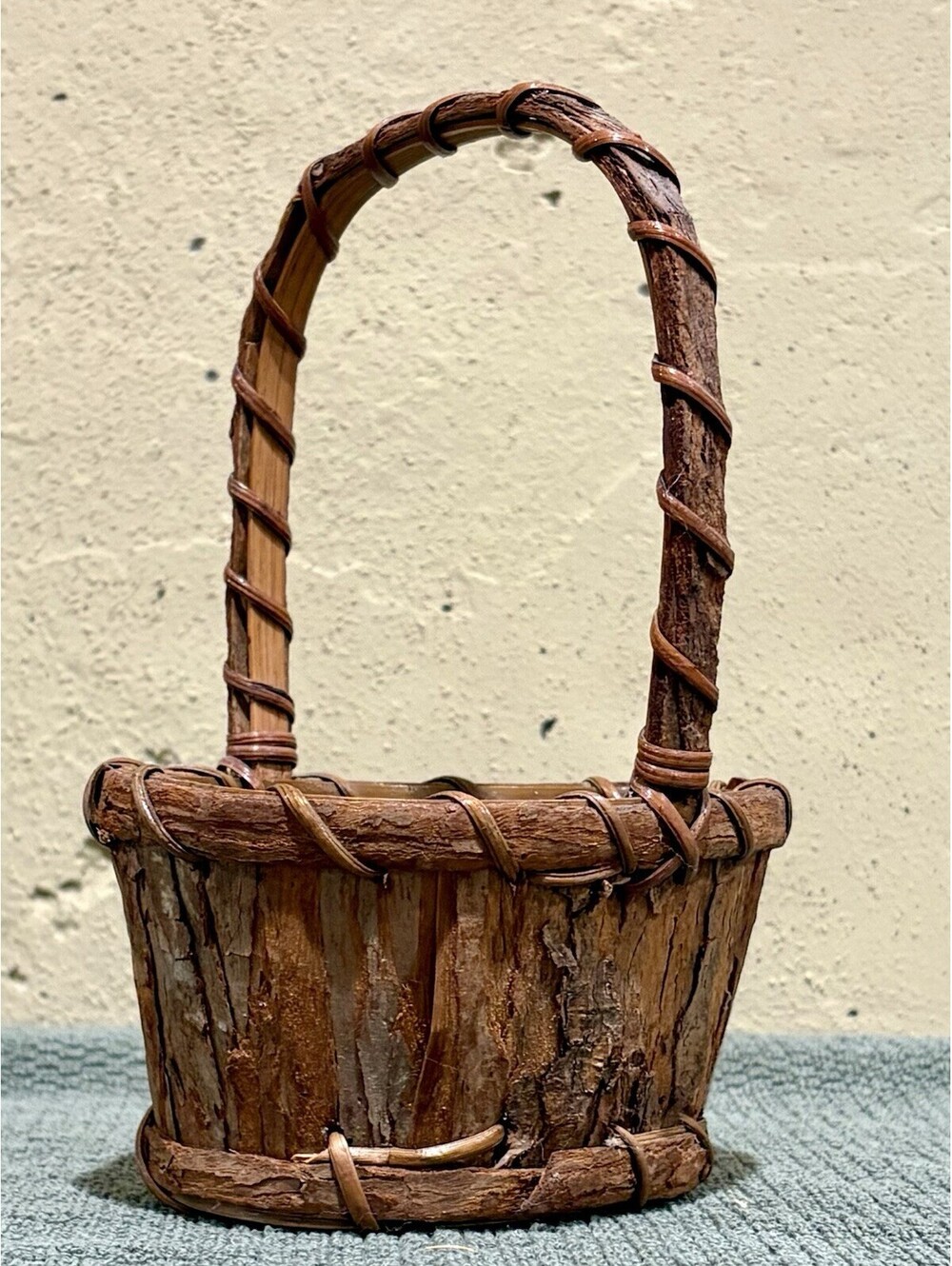 Miniature Rustic Bark and Twig Basket with Handle